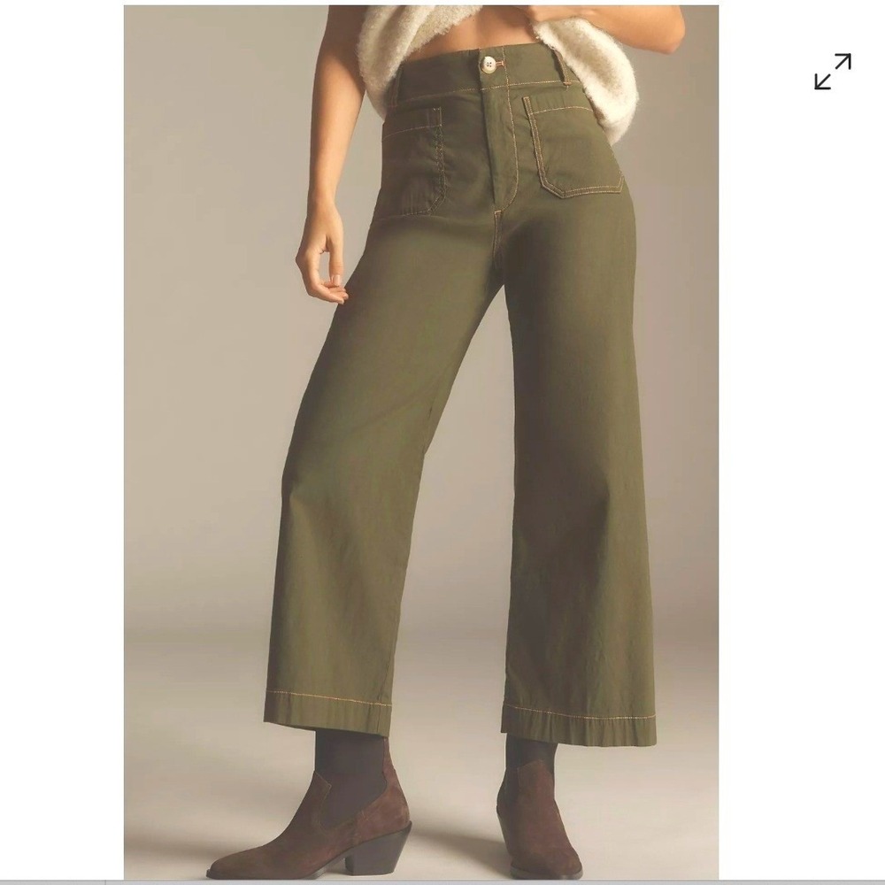 Maeve Anthro Colette Wide Leg Crop Pants 29 x 25 Olive Green Utility Safari Boho - Picture 3 of 12
